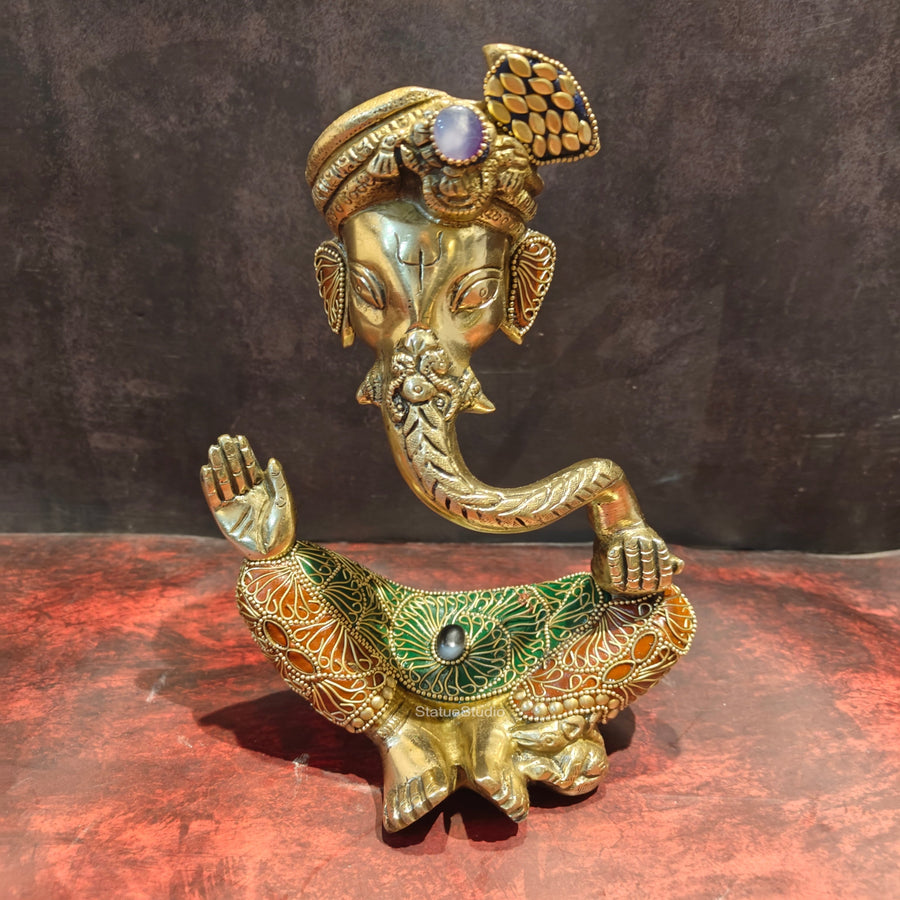 Brass Modern Abstract Ganesha Statue Wearing a Turban With Stonework 10.5" 463154