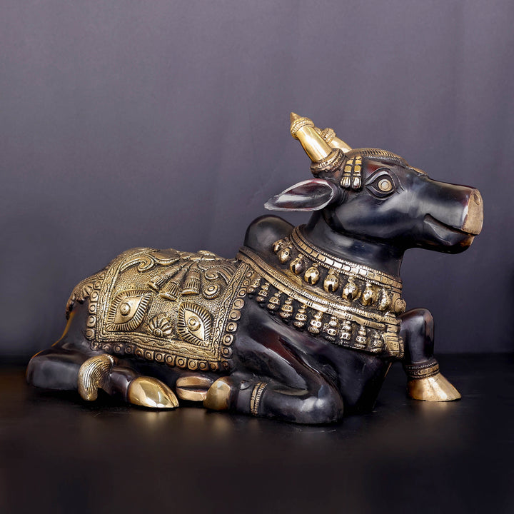 Brass Nandi Statue With Enhanced Carvings Black Patina Finish 15 Inch 463934