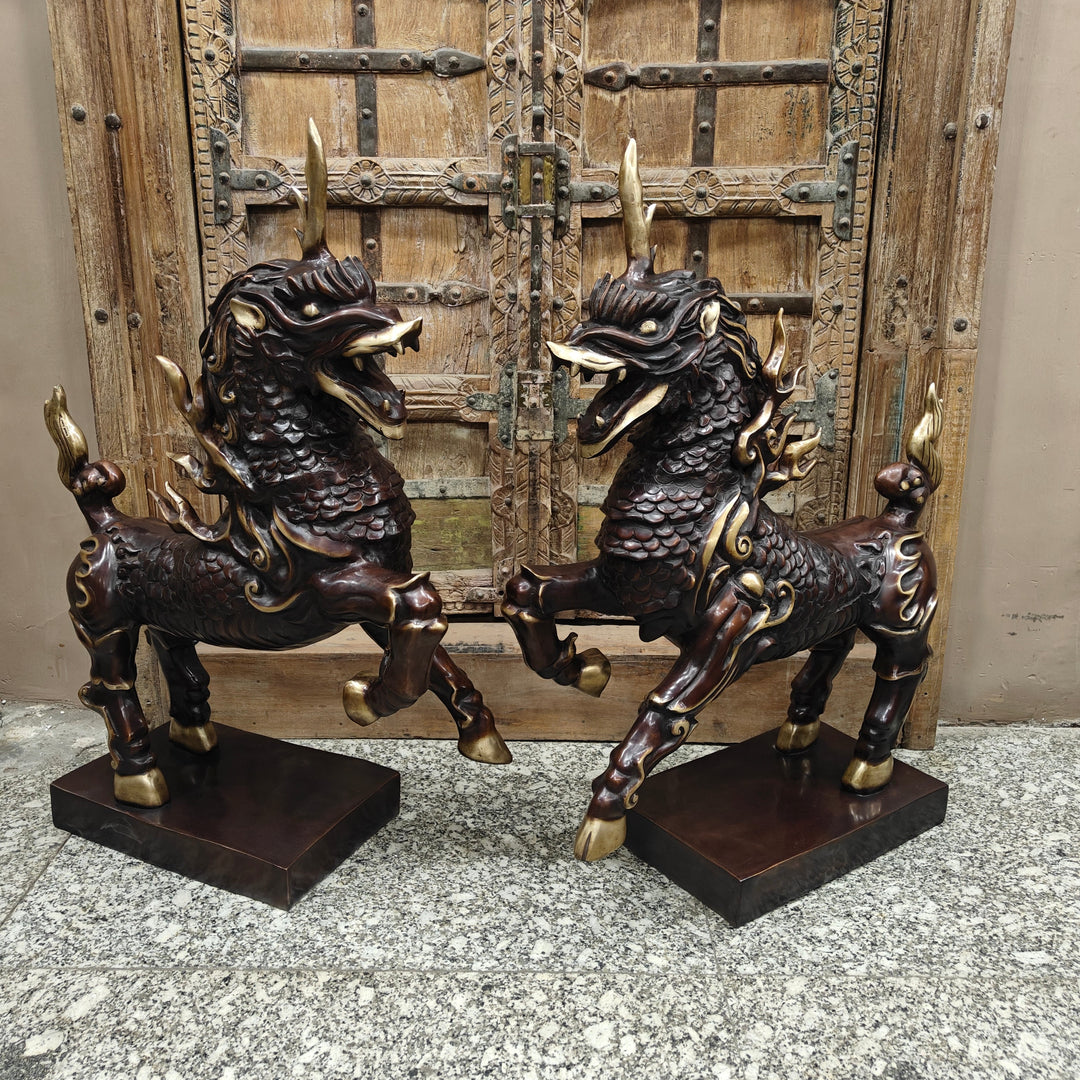 Brass Nepalese Lion Pair Sculpture Antique Finish Decor Showpiece 33 Inch 463968