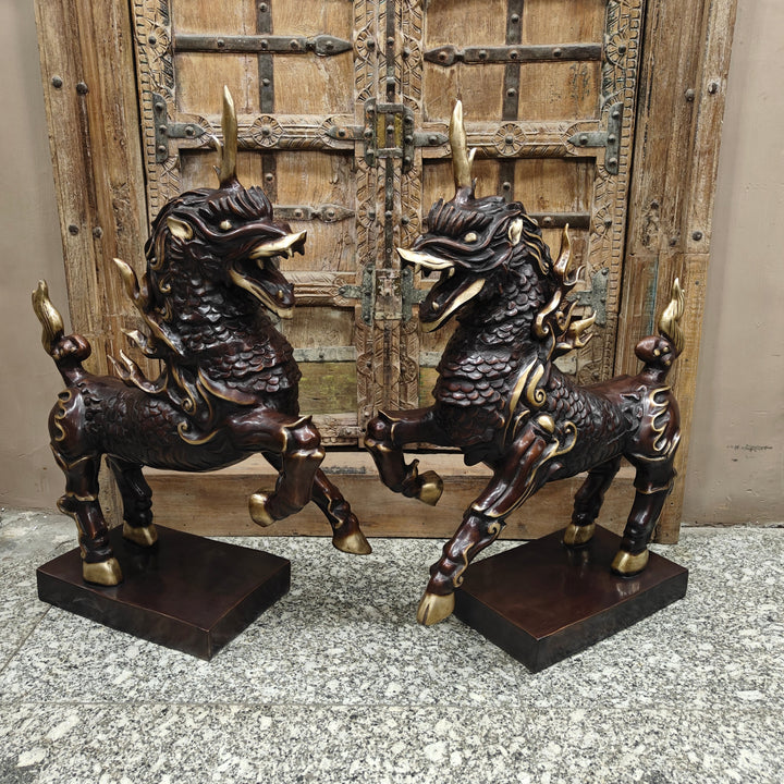 Brass Nepalese Lion Pair Sculpture Antique Finish Decor Showpiece 33 Inch 463968