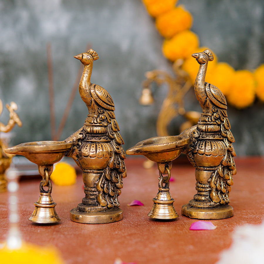 Brass Peacock Oil Lamp Diya Pair For Home Decor 6.5 Inch 460913