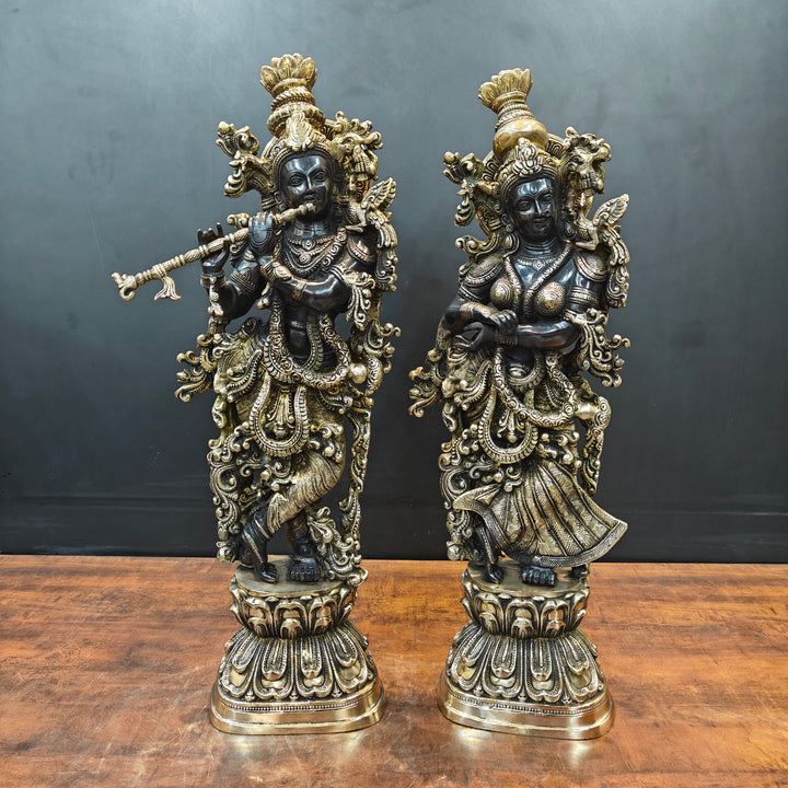 Brass Radha Krishna Idol Religious Black Patina Finish For Home Decor 29 Inch 463754