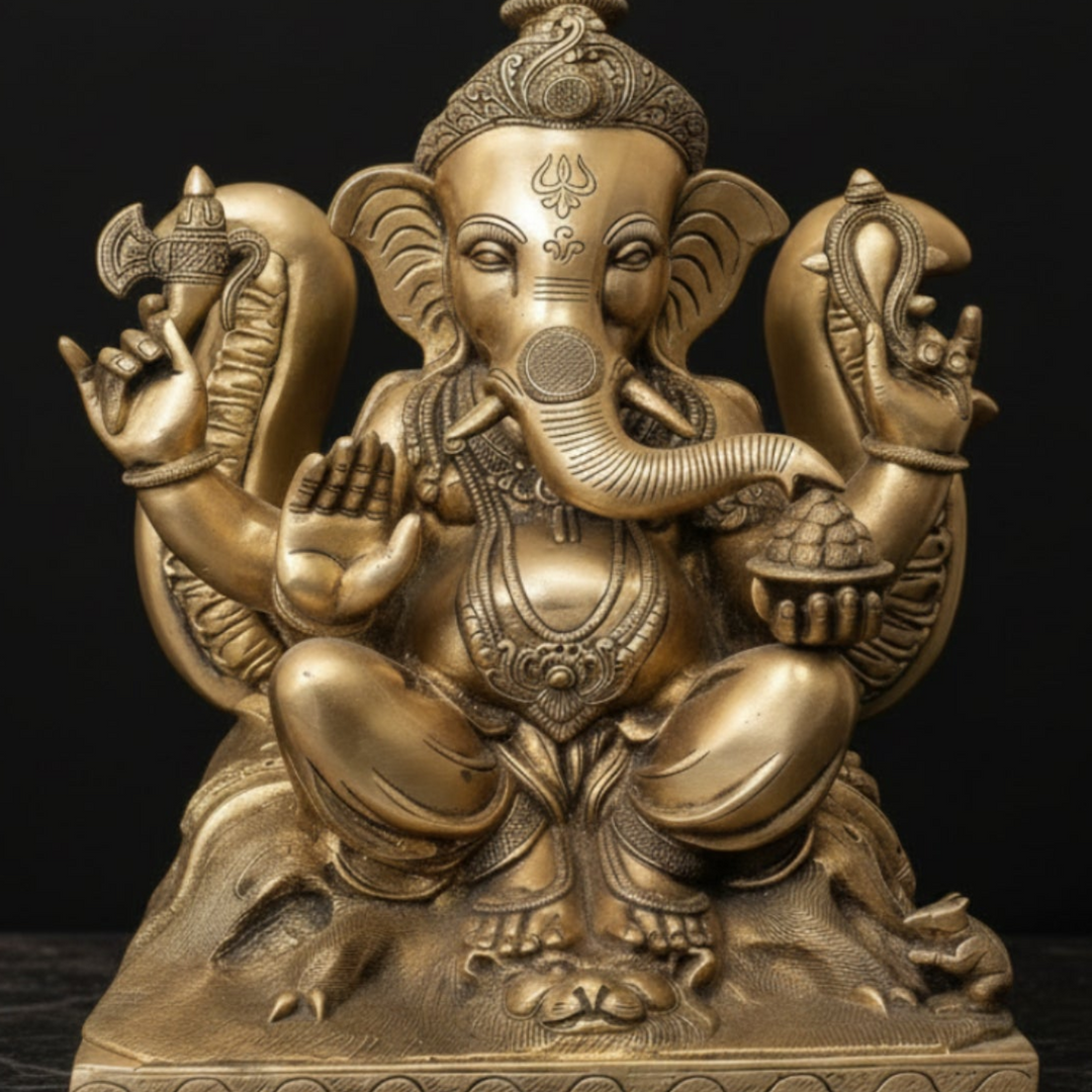 Brass Rare Ganesha Statue Sitting On Backdrop Of Trident For Home Decor 19 Inch