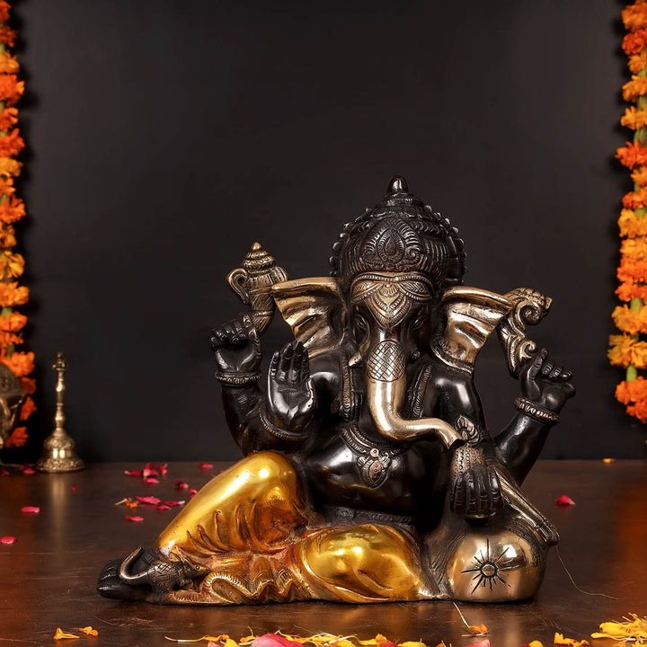 Brass Resting Ganesha Statue Black Patina Finish 10 Inch 463756