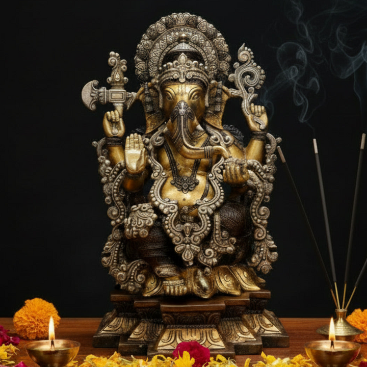Brass Sitting Chaturbhuja Lord Ganesha Religious Sculpture 19 Inch