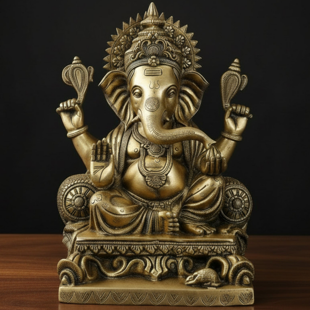 Brass Sitting Ganesha Idol Antique Finish For Home Temple Decor 1.5 Feet