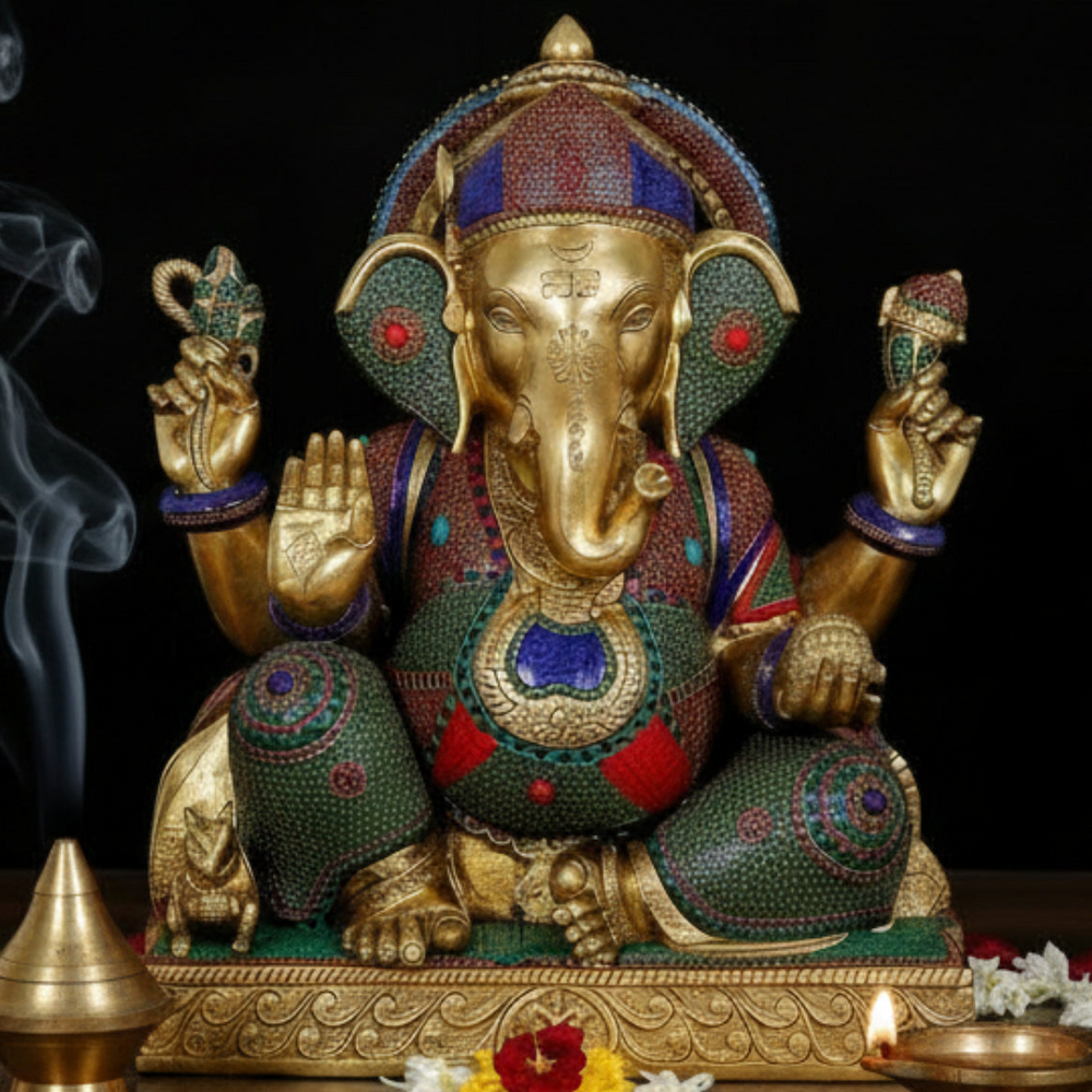 Brass Sitting Ganesha Idol With Stone Work For Home Office Decor 2.5 Feet 461252