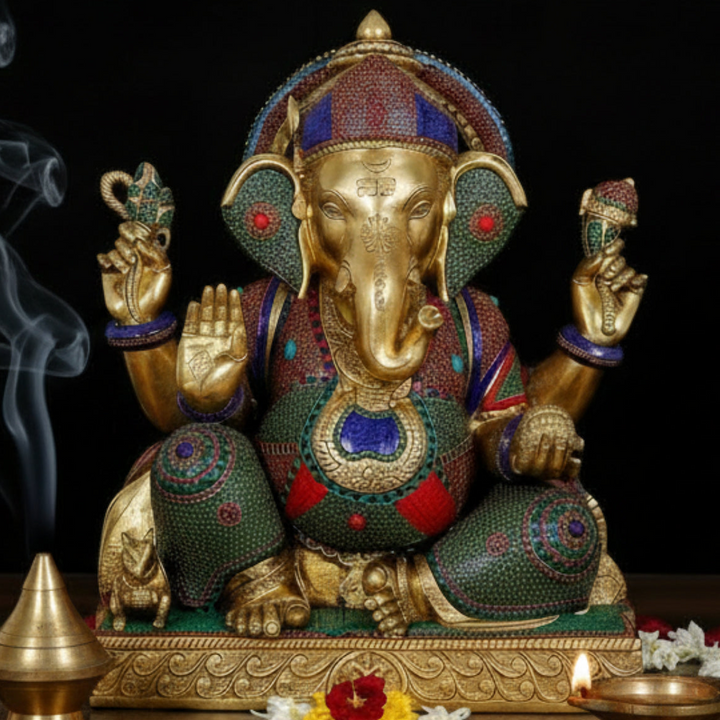 Brass Sitting Ganesha Idol With Stone Work For Home Office Decor 2.5 Feet 461252