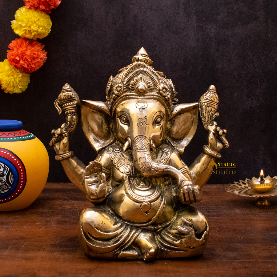 Brass Sitting Ganesha Statue Showpiece For Home Decor Gift 10 Inch 87000