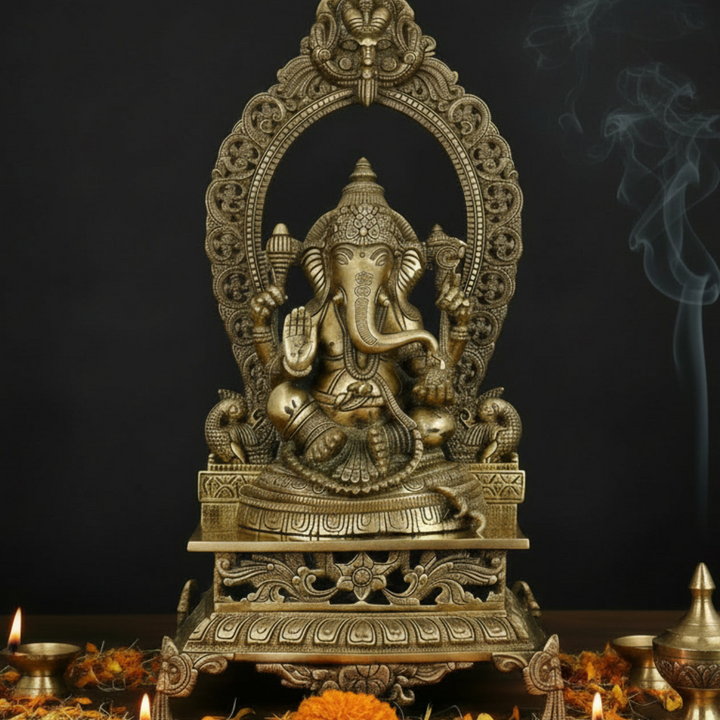 Brass Sitting Ganesha Statue With Prabhavali Throne For Home Decor 21 Inch