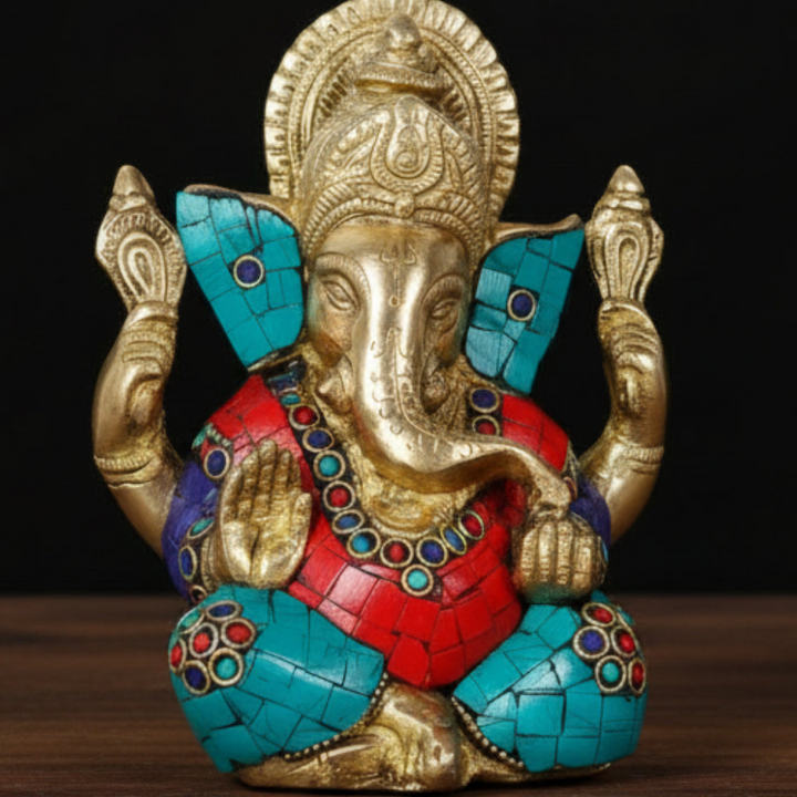 Brass Small Ganesha Idol With Stone Work 5 Inch