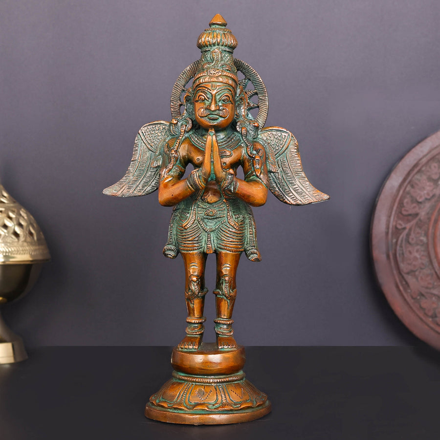 Brass Standing Garuda Idol Vishnu Vahana Copper Patina Finish 12 Inch 463784