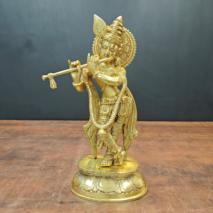 Brass Standing Krishna Idol Golden Finish For Home Decor 11.5Inch 463694