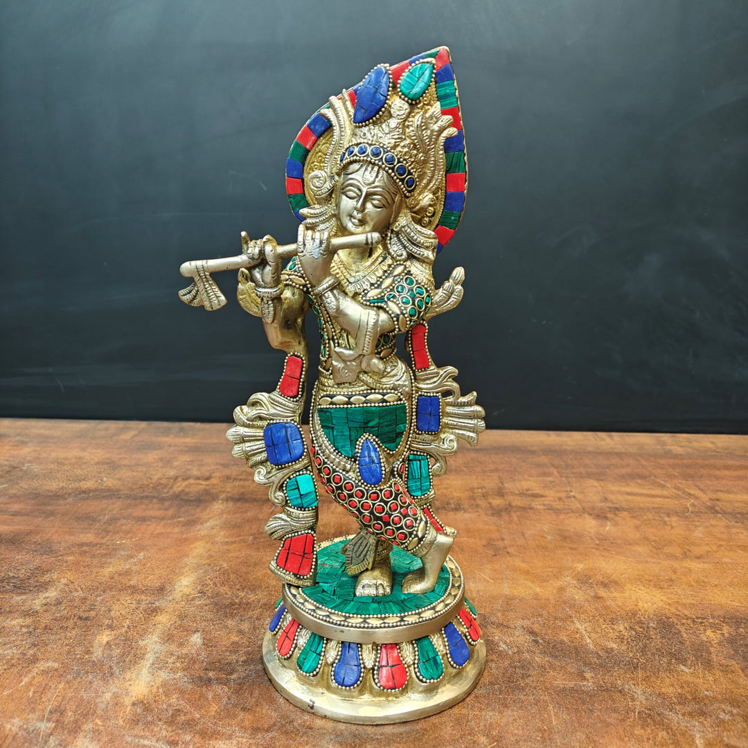 Brass Standing Krishna Idol With Stone Work 13 Inch 463586