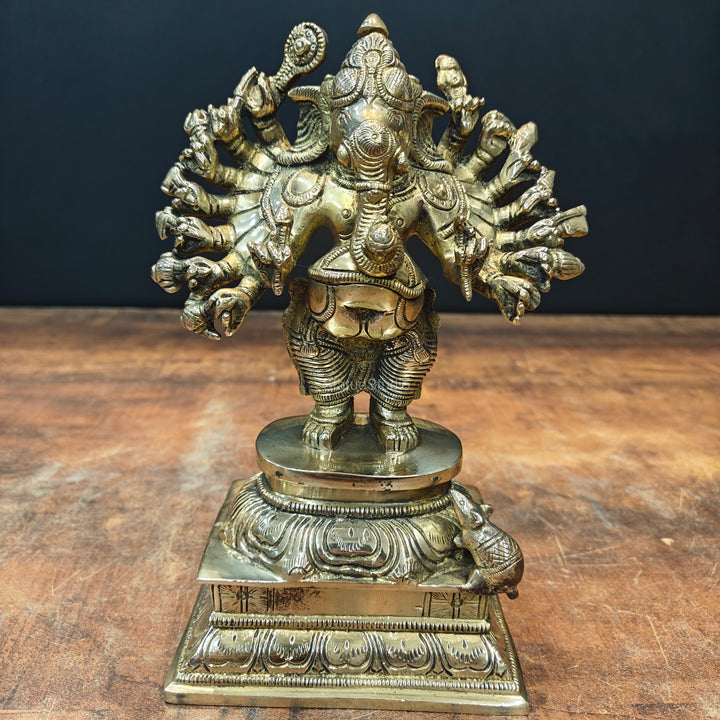 Brass Standing Lord Ganesha Idol with 16 Arms 9 Inch 463285