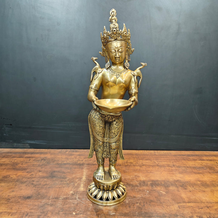 Brass Standing Tibetan Buddhist Goddess Tara With Lamp 2.5 Feet 463744