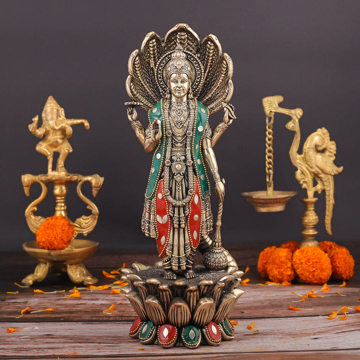 Brass Sueprfine Shri Hari Vishnu Idol With Sheshnag 11 Inch 463944