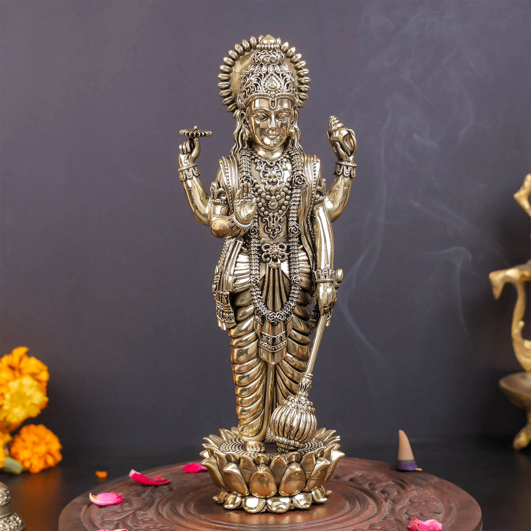 Brass Sueprfine Vishnu Idol Standing On Lotus 10 Inches 463847