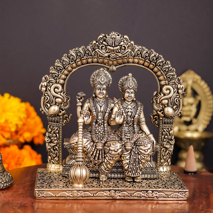 Brass Superfine Blessing Lakshmi Narayan Idol With Kirtimukha Prabhavali 4.5 Inch 463862