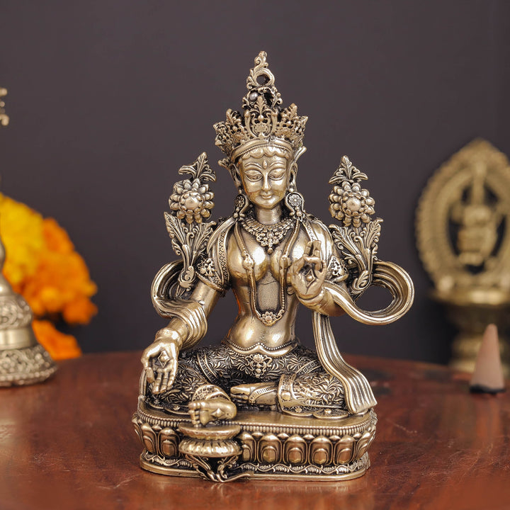 Brass Superfine Buddhist Goddess Green Tara Statue 4.5 Inches 463868