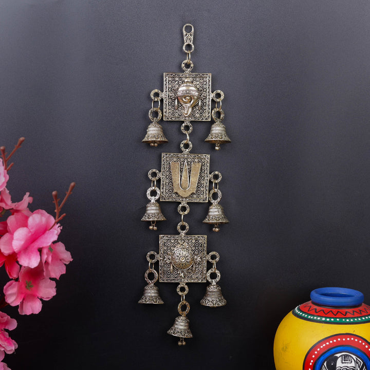 Brass Superfine Chakra Tilak and Conch With Bells Wall Hanging 13 Inch 463931