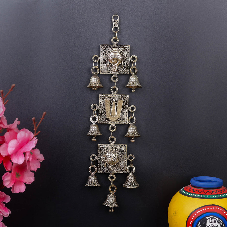 Brass Superfine Chakra Tilak and Conch With Bells Wall Hanging 13 Inch 463931