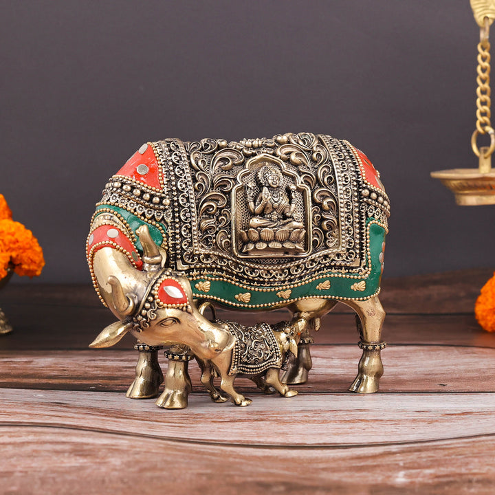 Brass Superfine Cow and Calf Statue Lakshmi Ganesha Engraving with Inlay Work 6 Inch 463951