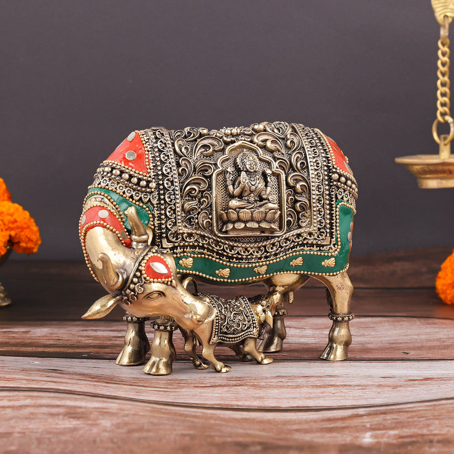 Brass Superfine Cow and Calf Statue Lakshmi Ganesha Engraving with Inlay Work 6 Inch 463951
