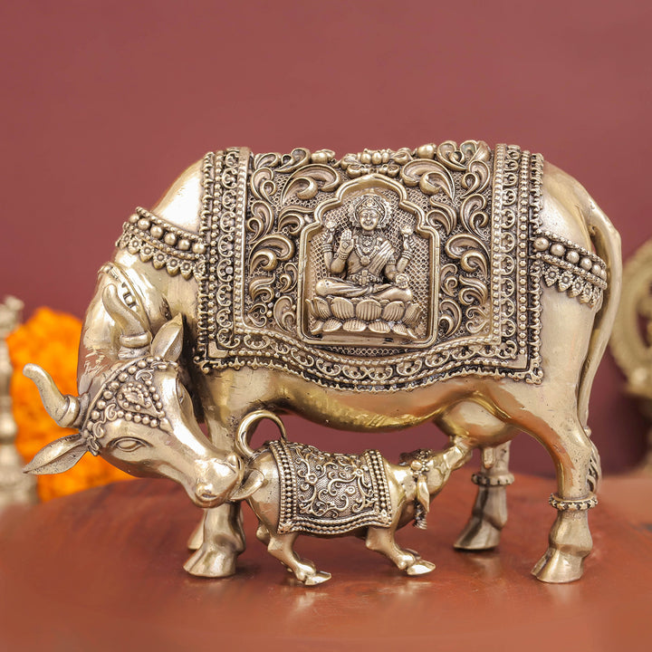 Brass Superfine Cow and Calf Statue with Lakshmi Ganesha Engraving 6 Inch 463887