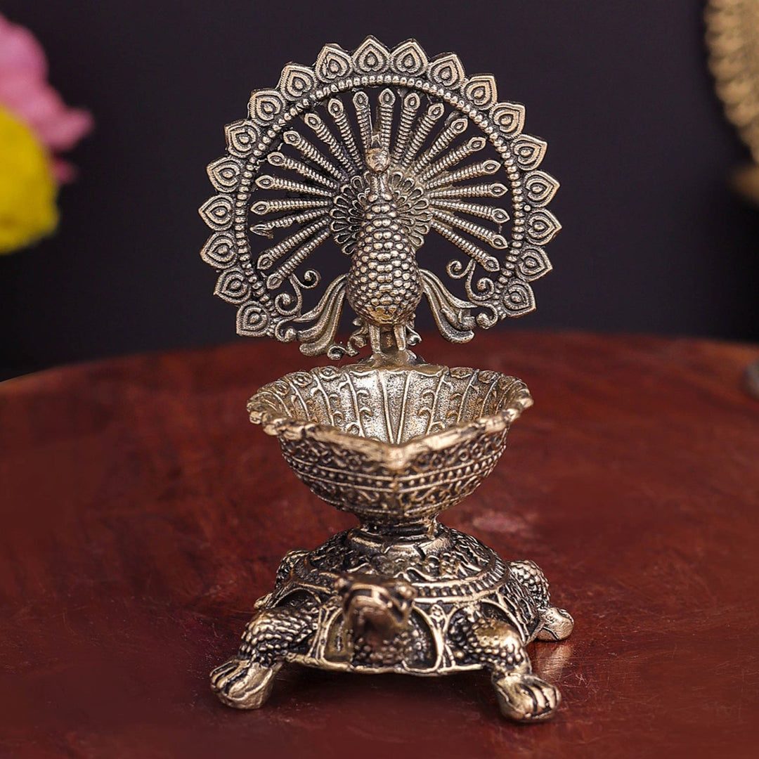 Brass Superfine Designer Peacock Diya Lamp on Tortoise 3.5 Inch 463900