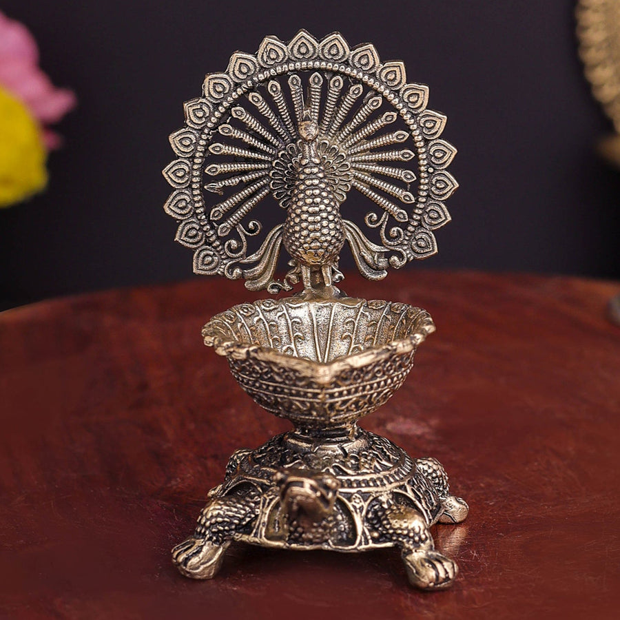 Brass Superfine Designer Peacock Diya Lamp on Tortoise 3.5 Inch 463900