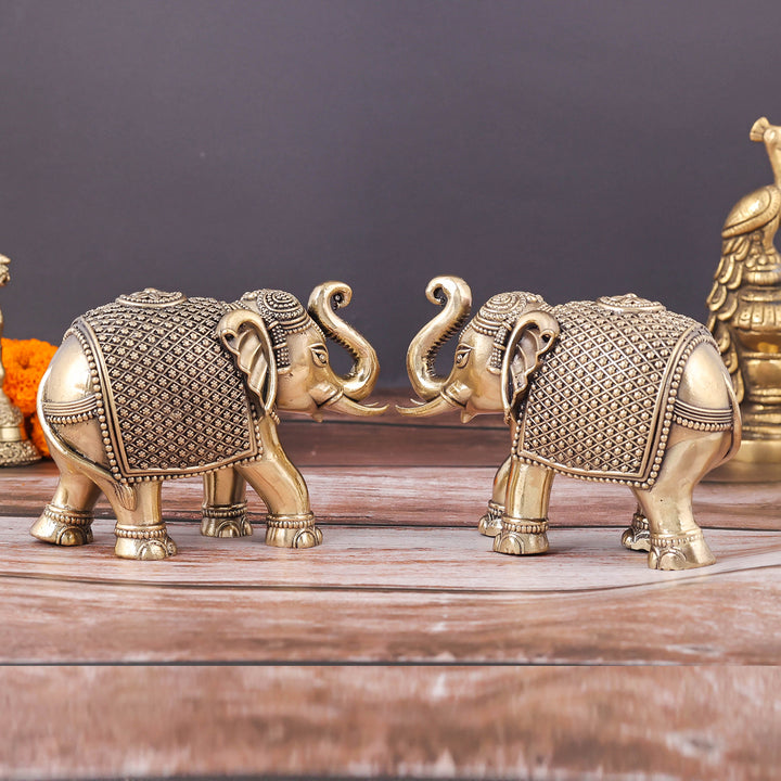 Brass Superfine Elephant Pair Miniature Showpieces 3.5 Inch 463958