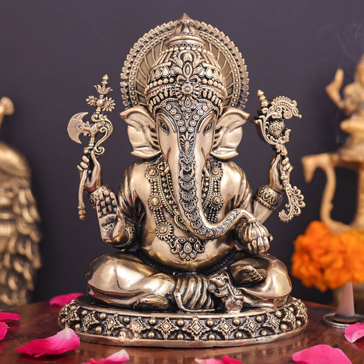 Brass Superfine Ganesha Idol Intricately Crafted 6.5 Inch 463917