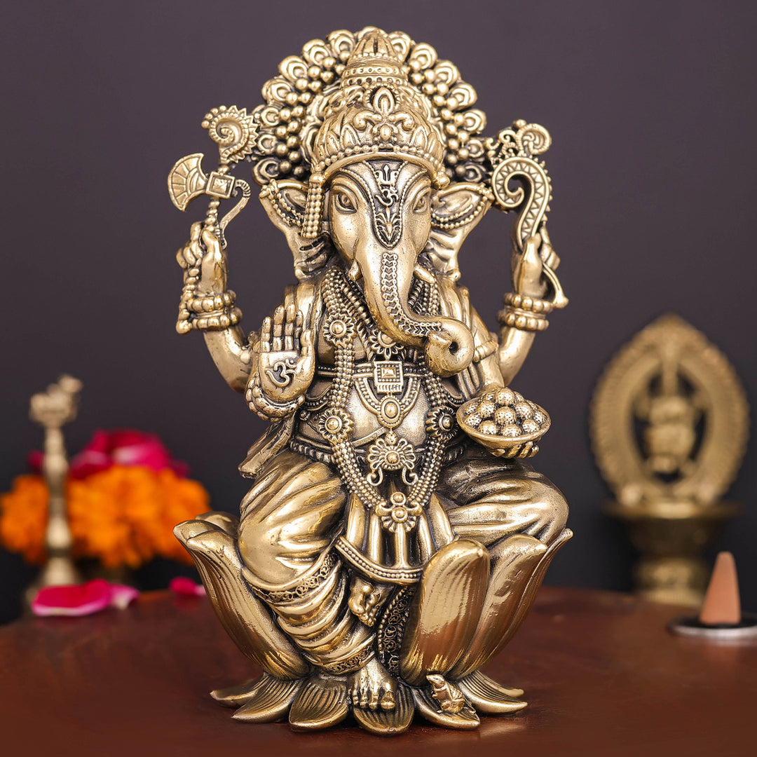 Brass Superfine Ganesha Idol Seated on Lotus 6 Inch 463771