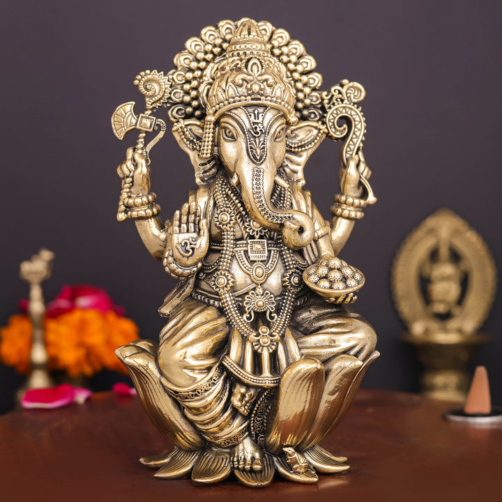 Brass Superfine Ganesha Idol Seated on Lotus 6 Inch 463771
