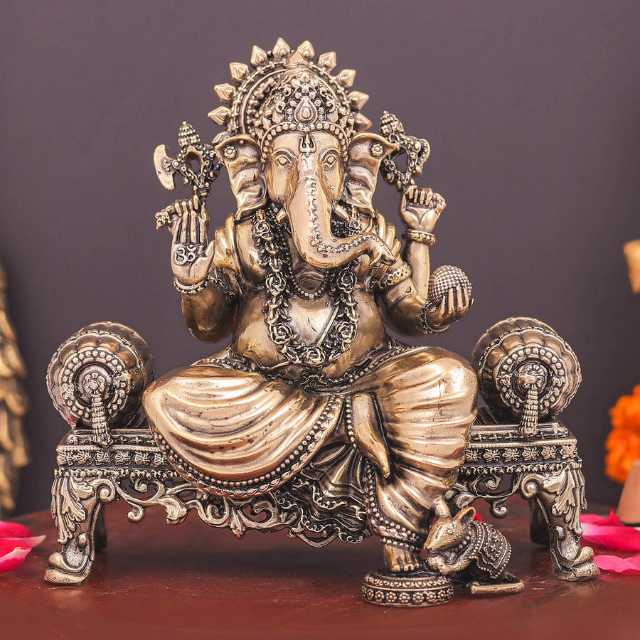 Brass Superfine Ganesha Idol Seated on Singhasan 6 Inch 463910