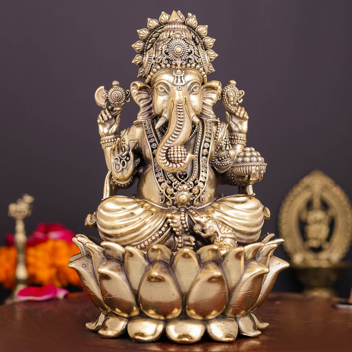Brass Superfine Ganesha Idol Sitting On Lotus 6 Inch 463758