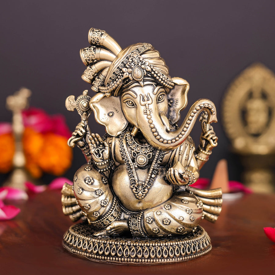 Brass Superfine Ganesha Idol Wearing a Turban 4 Inch 463766