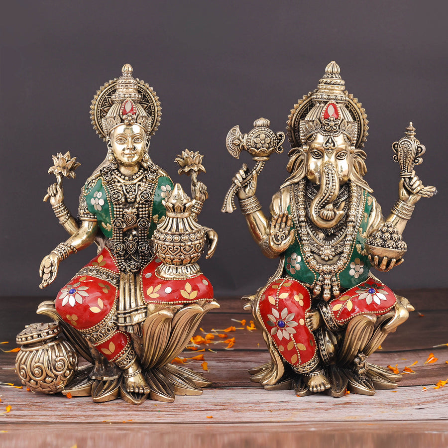 Brass Superfine Ganesha Lakshmi Idol Stone Work 10 Inch 463943