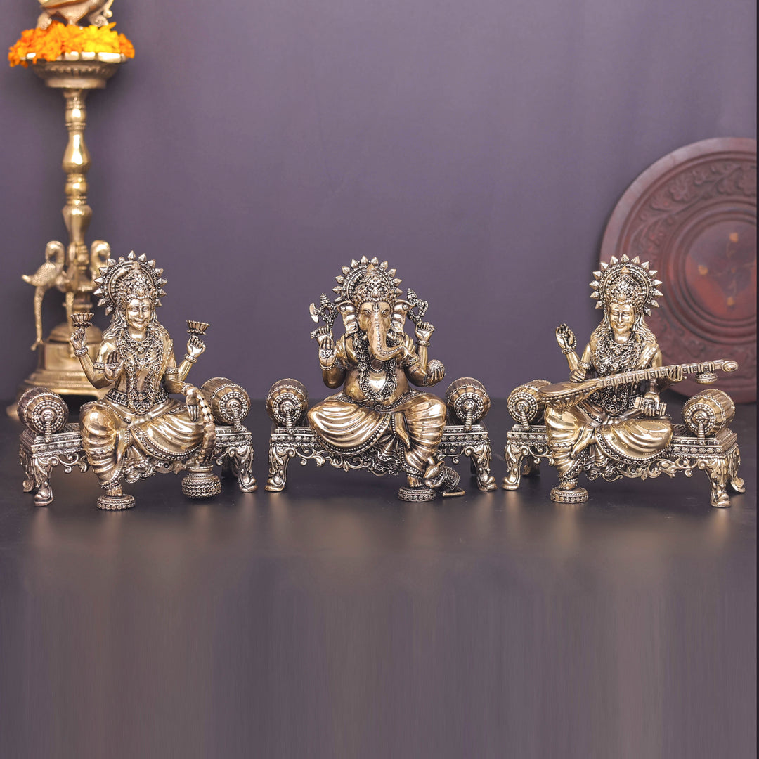 Brass Superfine Ganesha Lakshmi Saraswati Idol 6 Inch 463914