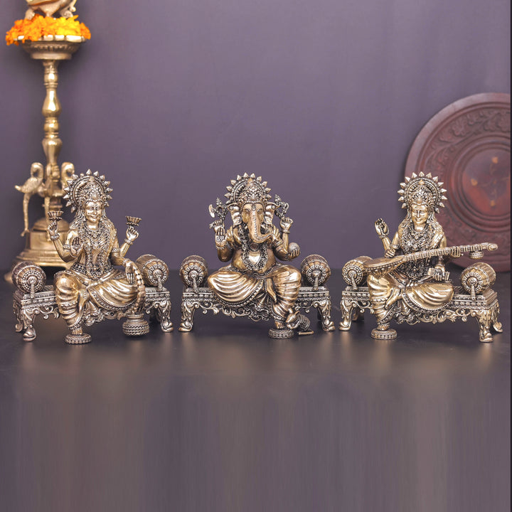 Brass Superfine Ganesha Lakshmi Saraswati Idol 6 Inch 463914