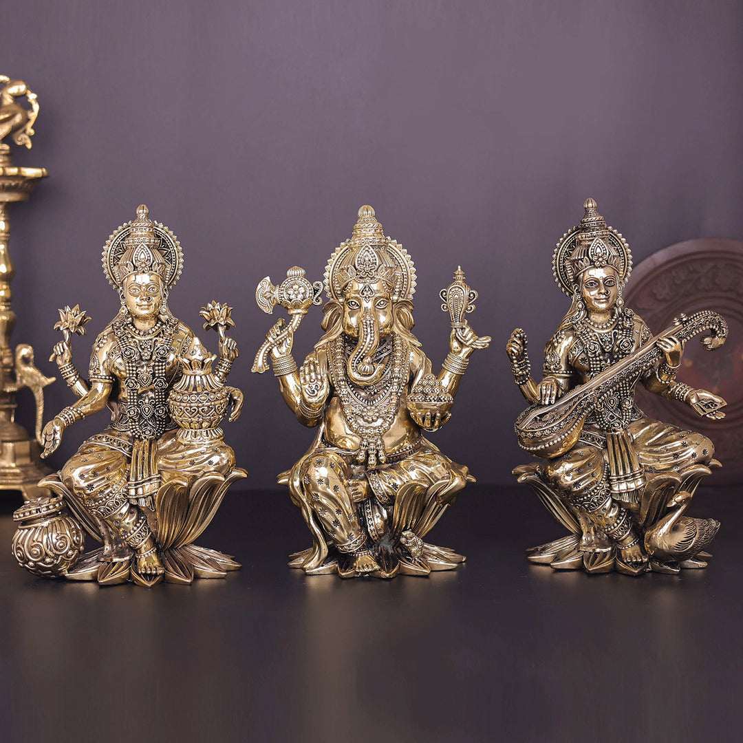 Brass Superfine Ganesha Lakshmi Saraswati Idol Sitting On Lotus 10 Inch 463909