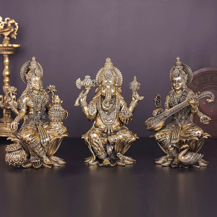 Brass Superfine Ganesha Lakshmi Saraswati Idol Sitting On Lotus 10 Inch 463909