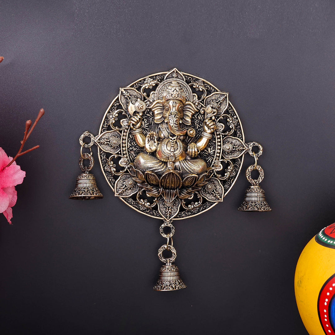 Brass Superfine Ganesha On Lotus Wall Hanging With Bells 7 Inch 463924