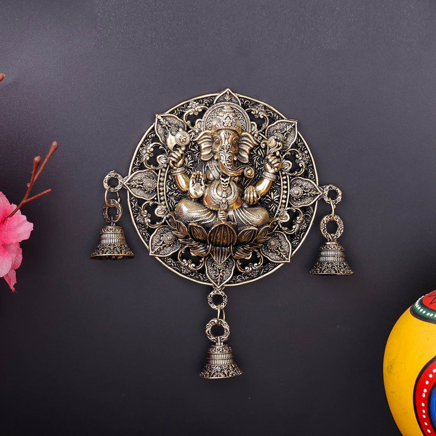 Brass Superfine Ganesha On Lotus Wall Hanging With Bells 7 Inch 463924