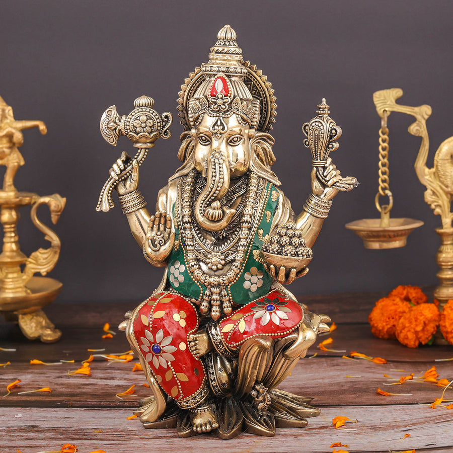 Brass Superfine Ganesha Seated On Lotus Stone Work 10 Inch 463941