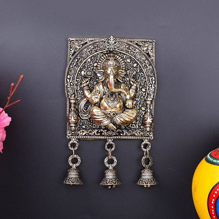 Brass Superfine Ganesha Wall Hanging With Bells 7 Inch 463922
