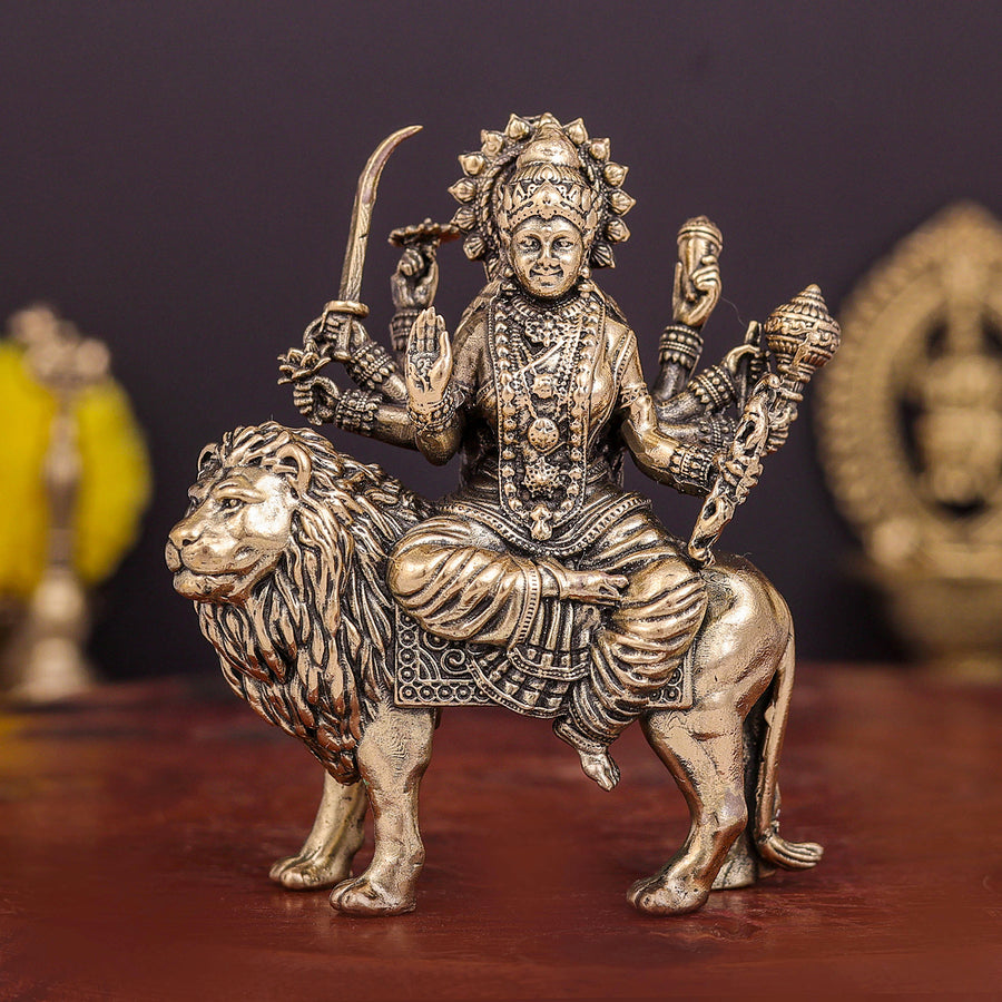Brass Superfine Goddeess Durga Idol on Lion 3 Inch 463896