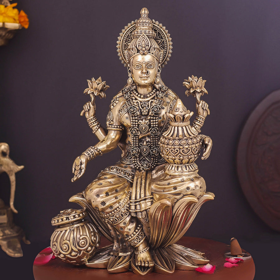 Brass Superfine Goddess Lakshmi Idol Seated on Lotus 10 Inch 463906