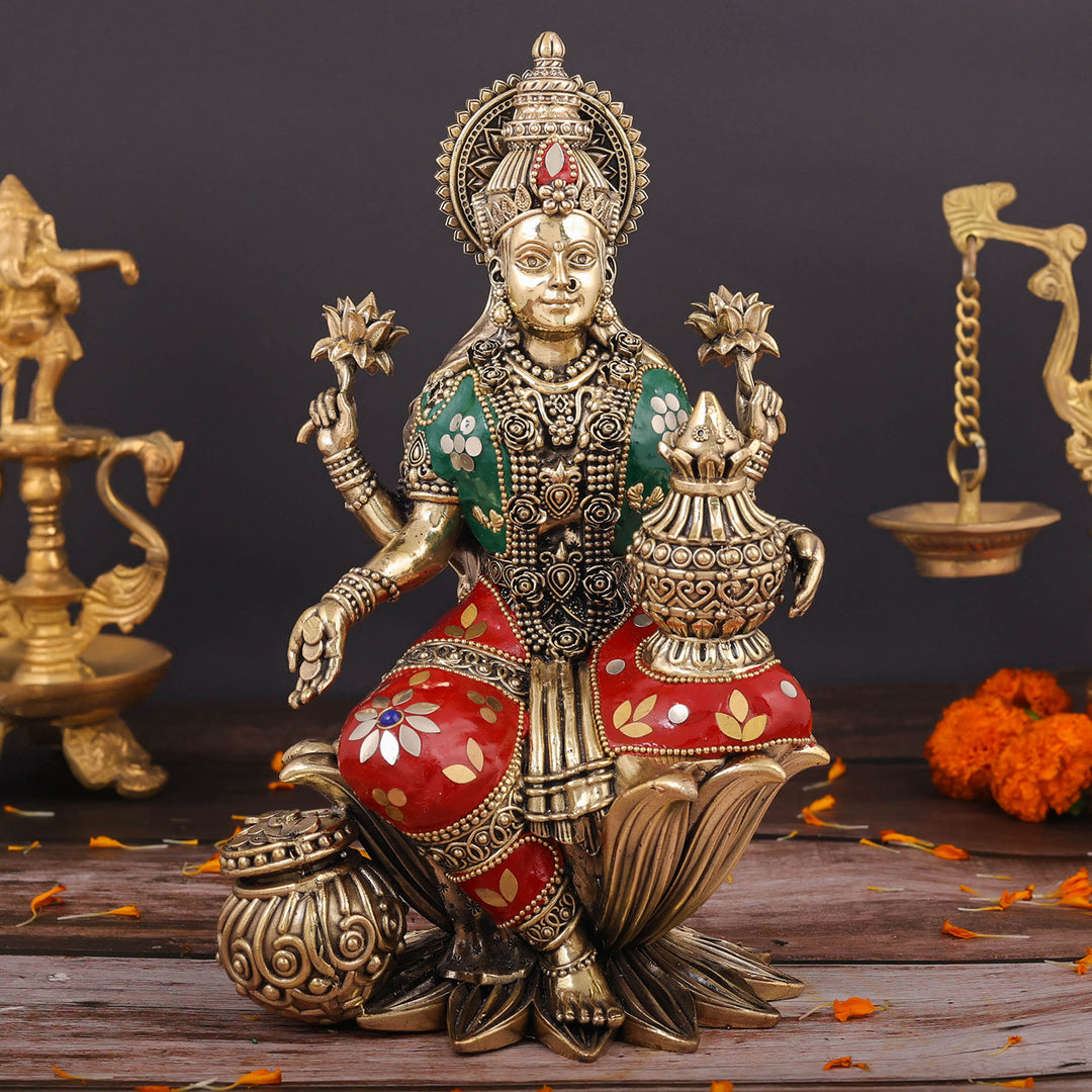 Brass Superfine Goddess Lakshmi Idol Seated on Lotus Stone Work 10 Inch 463942